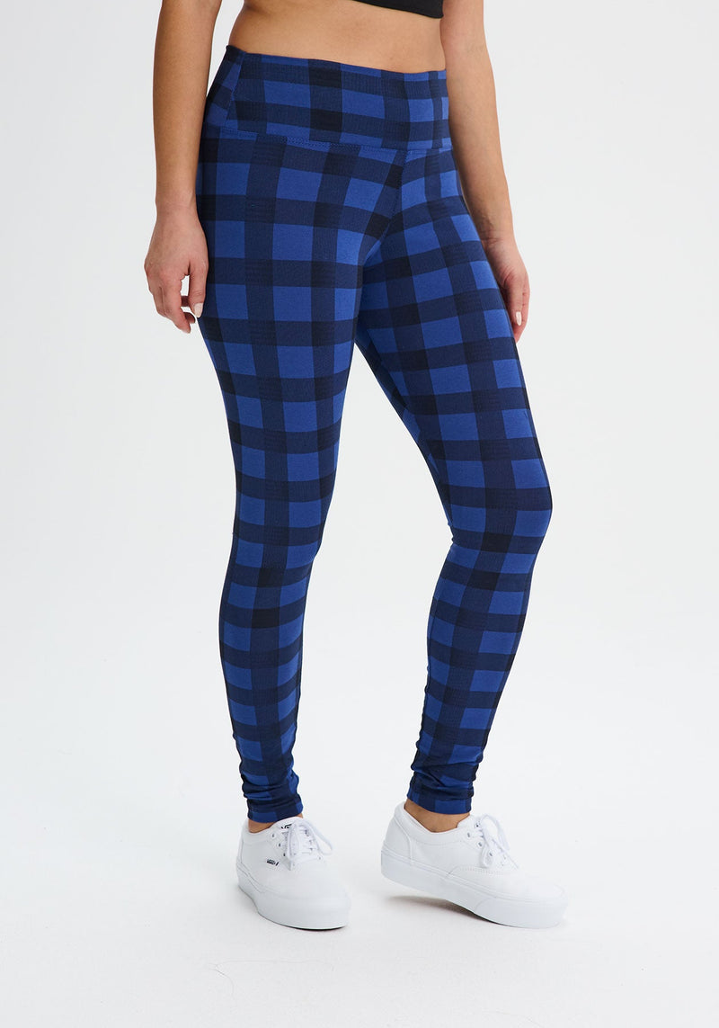 One Size Blue Checkered Plaid Print Leggings